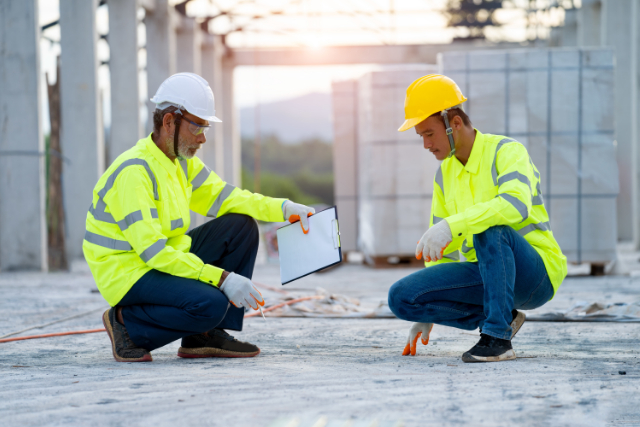 Gresham workers checking cement foundation floor